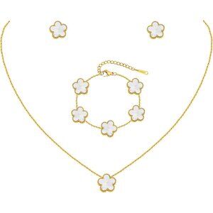 Gold Necklaces Bracelets Earring Set - 18K Gold Plated Flower Bracelet Chain,Sta